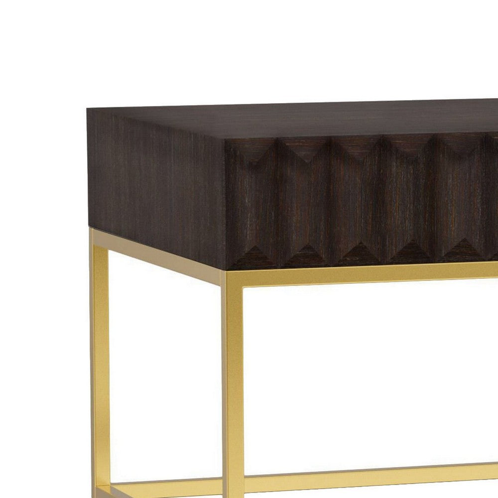 Bran 48 Inch Rectangular Coffee Table, Brown Wood, Gold Base, 2 Drawers - BM300725