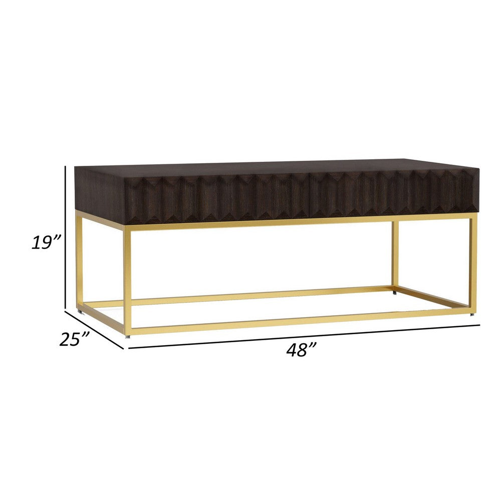 Bran 48 Inch Rectangular Coffee Table, Brown Wood, Gold Base, 2 Drawers - BM300725