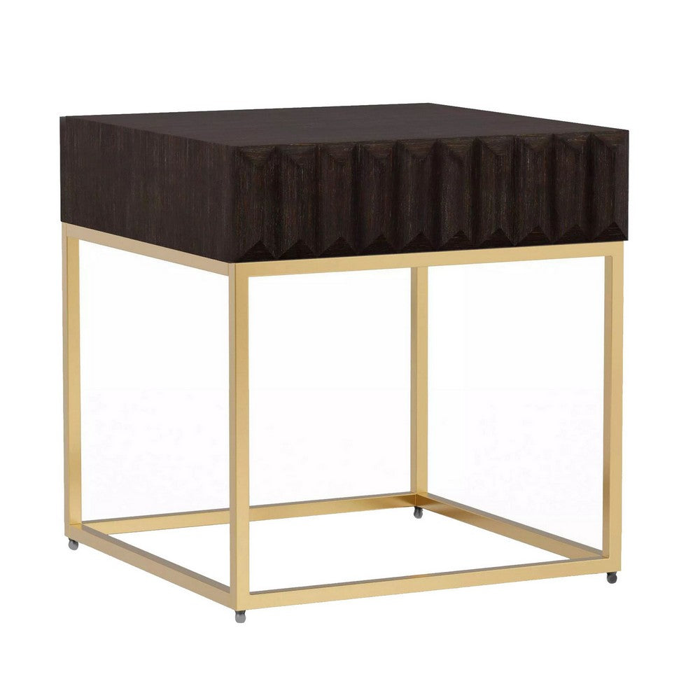 Bran 23 Inch Square Side End Table, Brown Wood, Gold Steel Base, 1 Drawer - BM300726