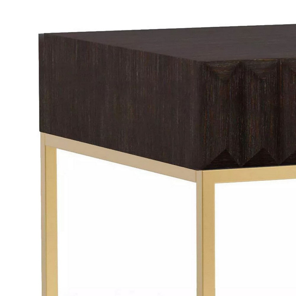 Bran 23 Inch Square Side End Table, Brown Wood, Gold Steel Base, 1 Drawer - BM300726