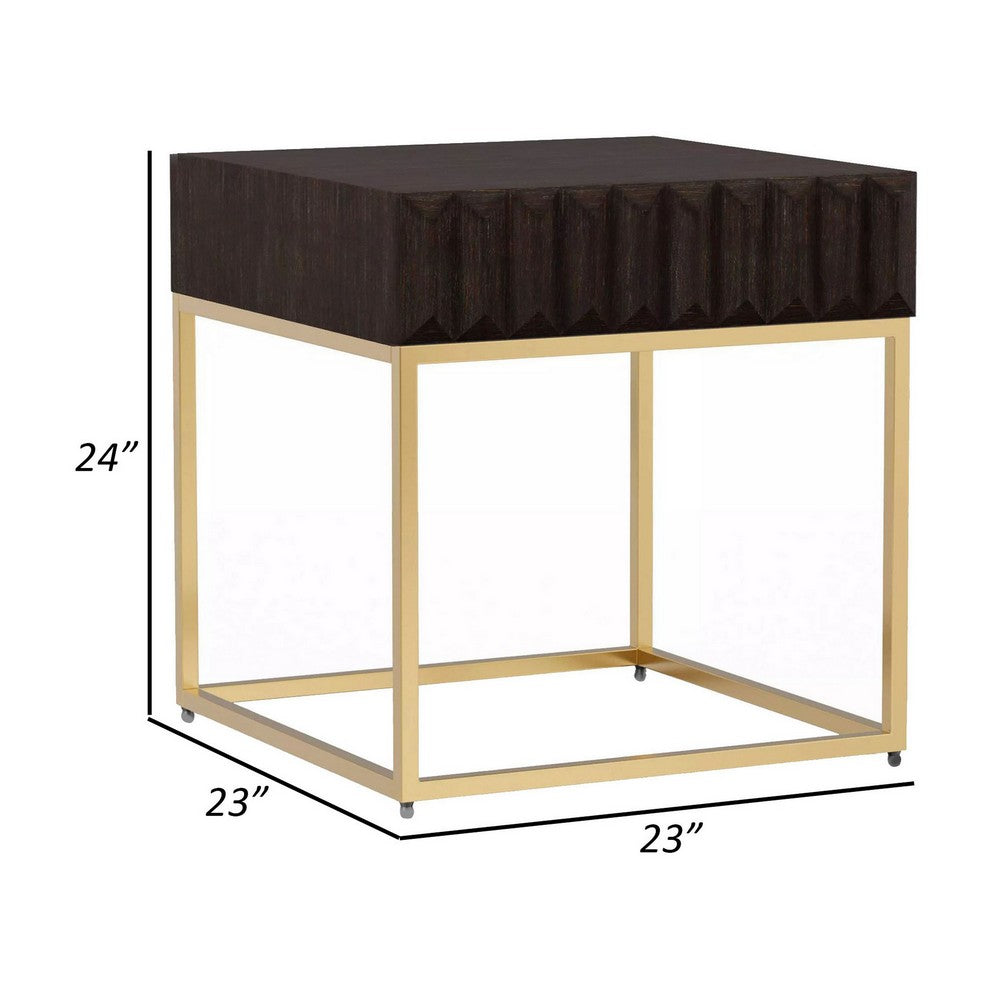 Bran 23 Inch Square Side End Table, Brown Wood, Gold Steel Base, 1 Drawer - BM300726