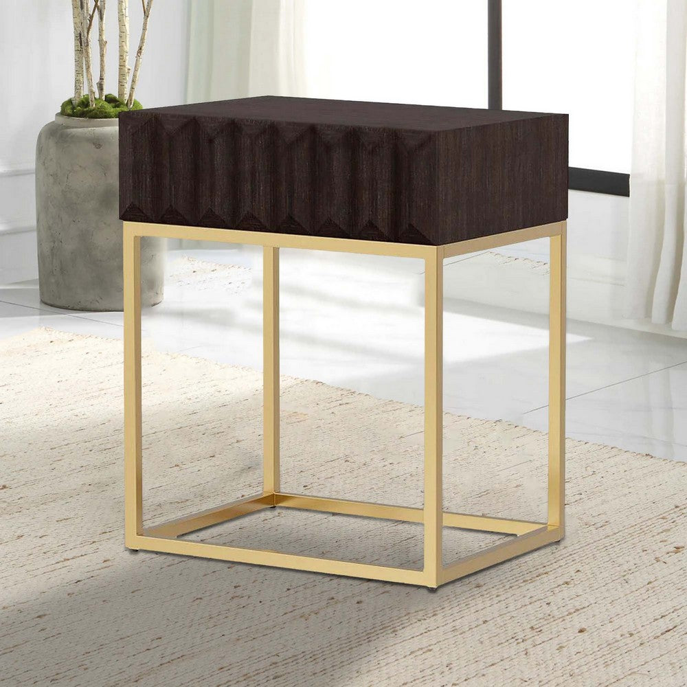 Bran 23 Inch Square Side End Table, Brown Wood, Gold Steel Base, 1 Drawer - BM300726