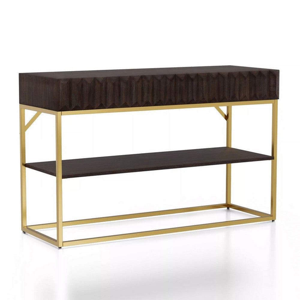 Bran 48 Inch Sofa Console Table, Brown Wood, Gold Steel Base, 2 Drawers - BM300727