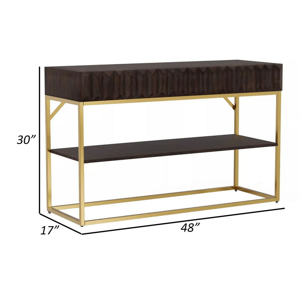 Bran 48 Inch Sofa Console Table, Brown Wood, Gold Steel Base, 2 Drawers - BM300727