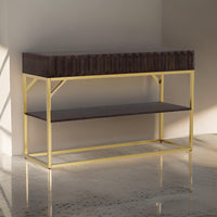 Bran 48 Inch Sofa Console Table, Brown Wood, Gold Steel Base, 2 Drawers - BM300727