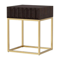 Bran 24 Inch Modern Side End Table, Brown Wood, Gold Steel Base, 1 Drawer - BM300728