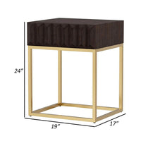 Bran 24 Inch Modern Side End Table, Brown Wood, Gold Steel Base, 1 Drawer - BM300728