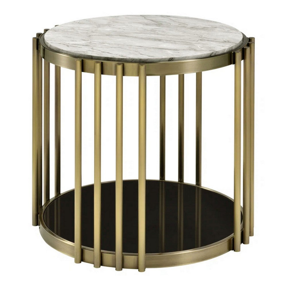 Kein 26 Inch Round Side End Table, White Faux Marble Top, Brass Steel Frame - BM300730