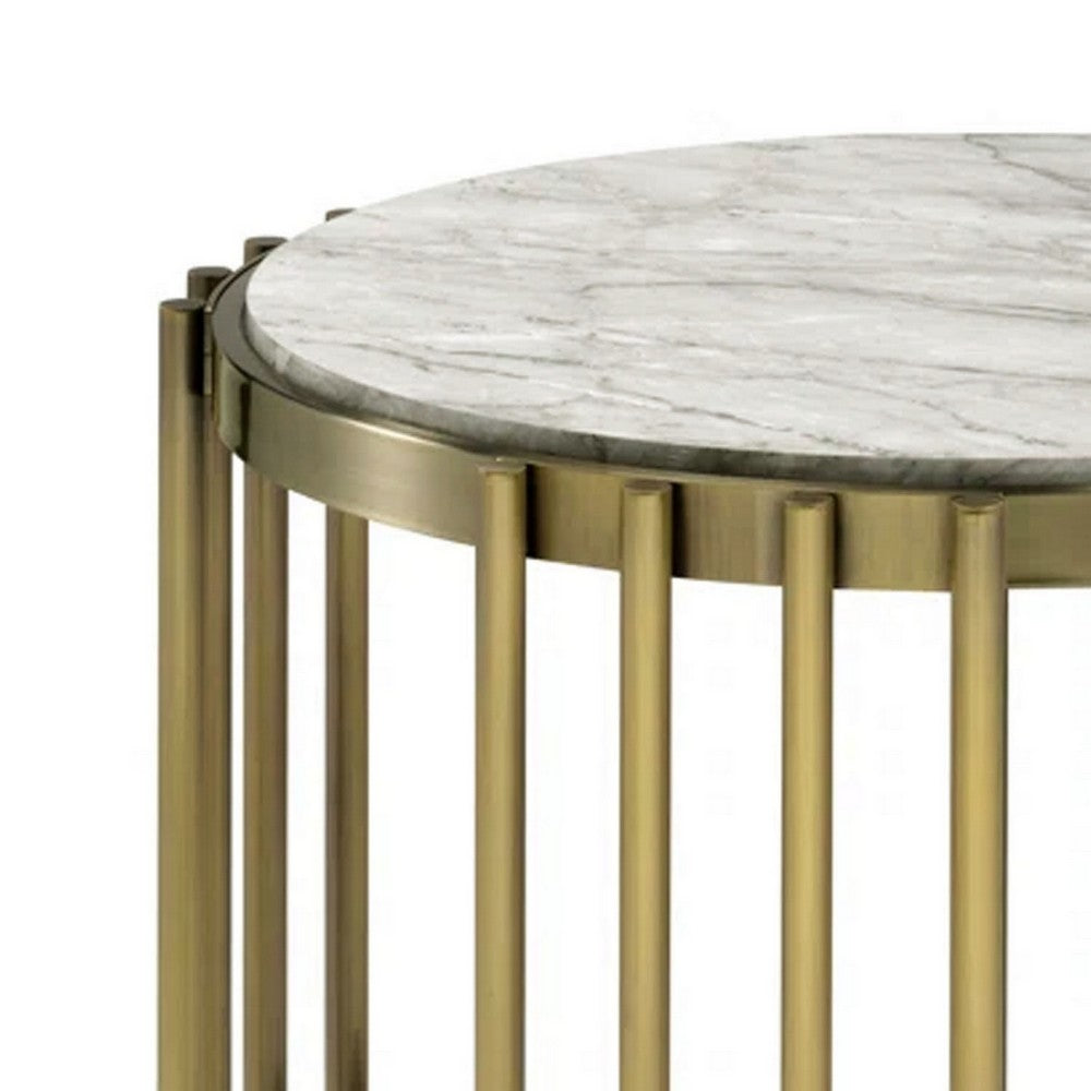 Kein 26 Inch Round Side End Table, White Faux Marble Top, Brass Steel Frame - BM300730