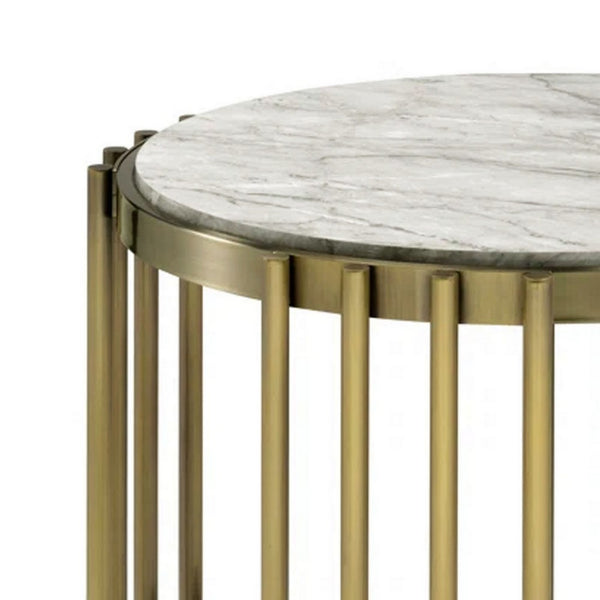Kein 26 Inch Round Side End Table, White Faux Marble Top, Brass Steel Frame - BM300730