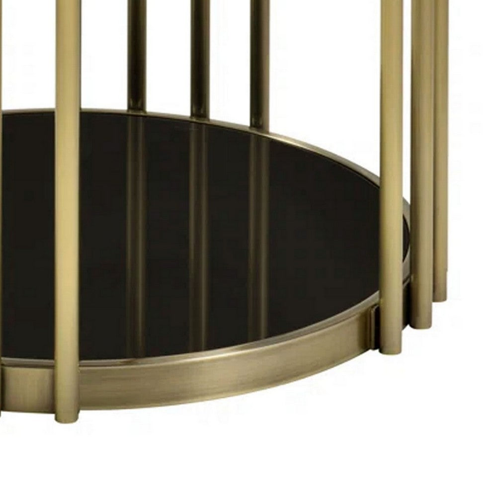 Kein 26 Inch Round Side End Table, White Faux Marble Top, Brass Steel Frame - BM300730