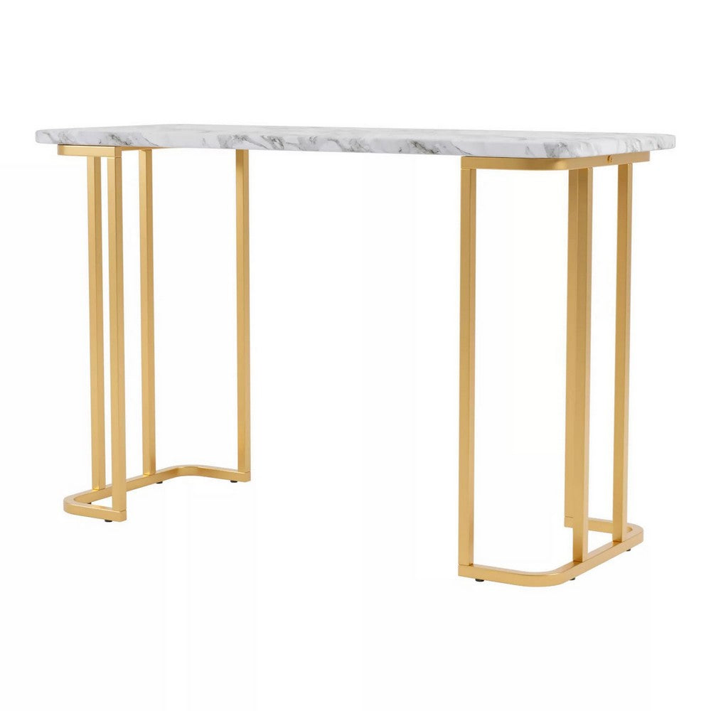 Hume 47 Inch Sofa Console Table, White Faux Marble, Geometric Gold Steel - BM300736