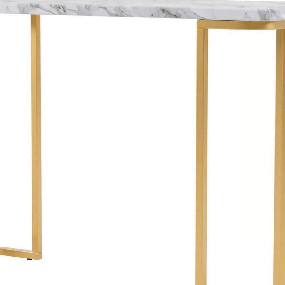 Hume 47 Inch Sofa Console Table, White Faux Marble, Geometric Gold Steel - BM300736