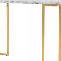 Hume 47 Inch Sofa Console Table, White Faux Marble, Geometric Gold Steel - BM300736