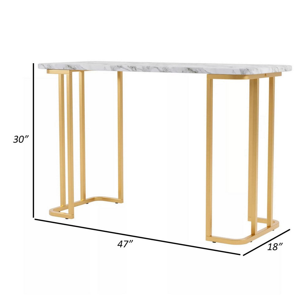 Hume 47 Inch Sofa Console Table, White Faux Marble, Geometric Gold Steel - BM300736