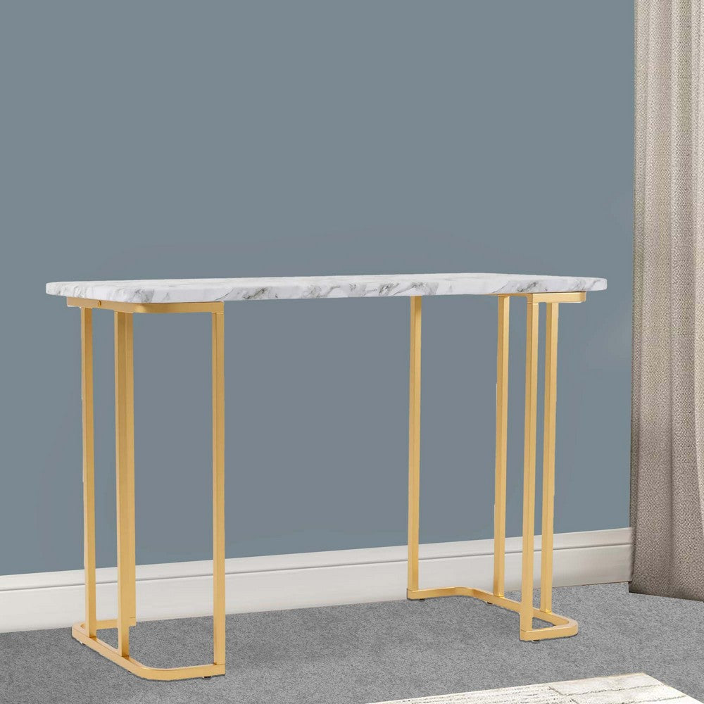 Hume 47 Inch Sofa Console Table, White Faux Marble, Geometric Gold Steel - BM300736