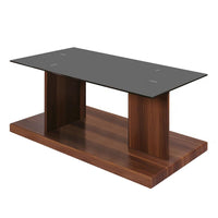 Liam 47 Inch Rectangular Coffee Table, Brown Wood, Pedestal Base, Glass Top - BM300737