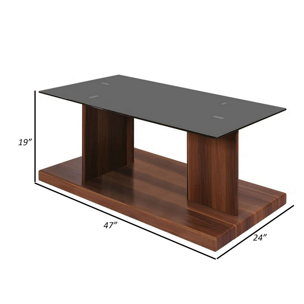 Liam 47 Inch Rectangular Coffee Table, Brown Wood, Pedestal Base, Glass Top - BM300737
