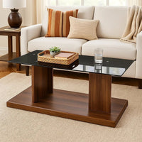 Liam 47 Inch Rectangular Coffee Table, Brown Wood, Pedestal Base, Glass Top - BM300737