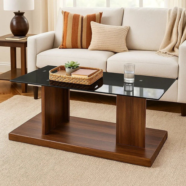Liam 47 Inch Rectangular Coffee Table, Brown Wood, Pedestal Base, Glass Top - BM300737