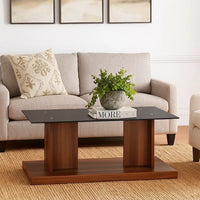 Liam 47 Inch Rectangular Coffee Table, Brown Wood, Pedestal Base, Glass Top - BM300737