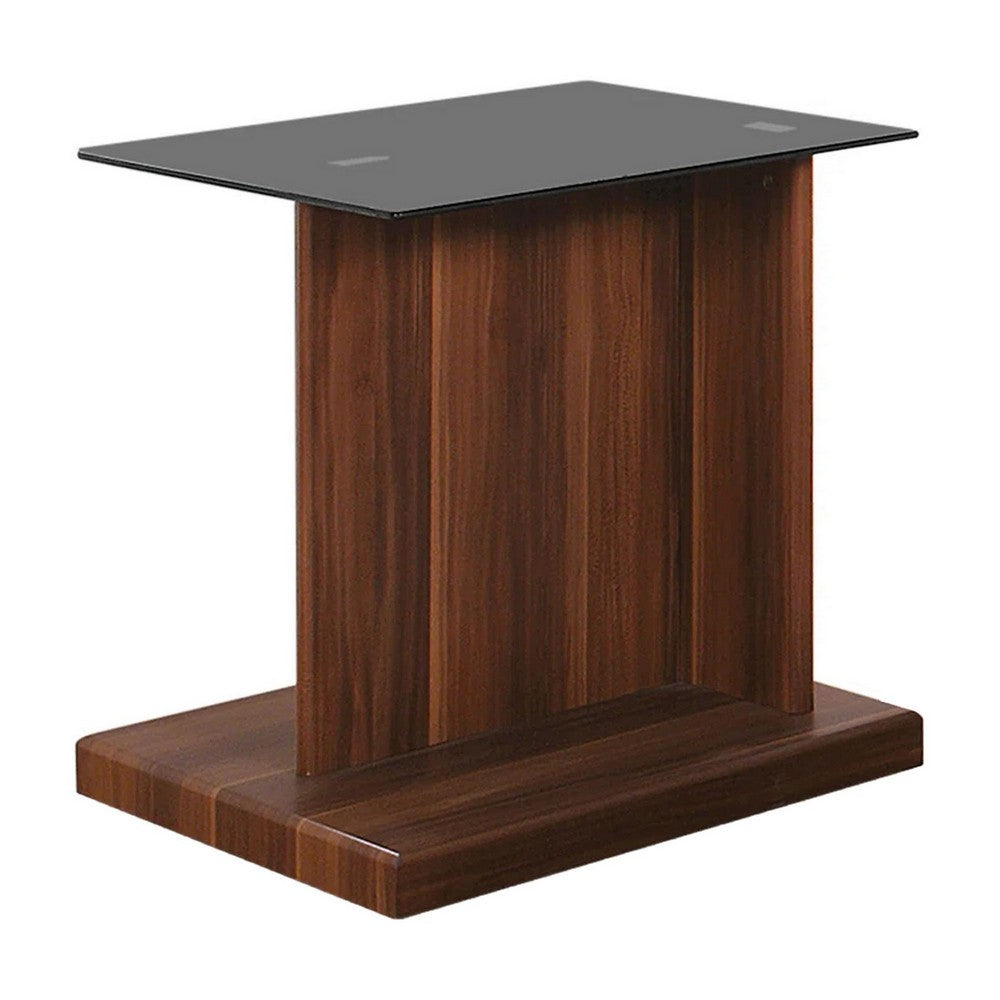Liam 22 Inch Square Side End Table, Brown Wood, Pedestal Base, Glass Top - BM300738