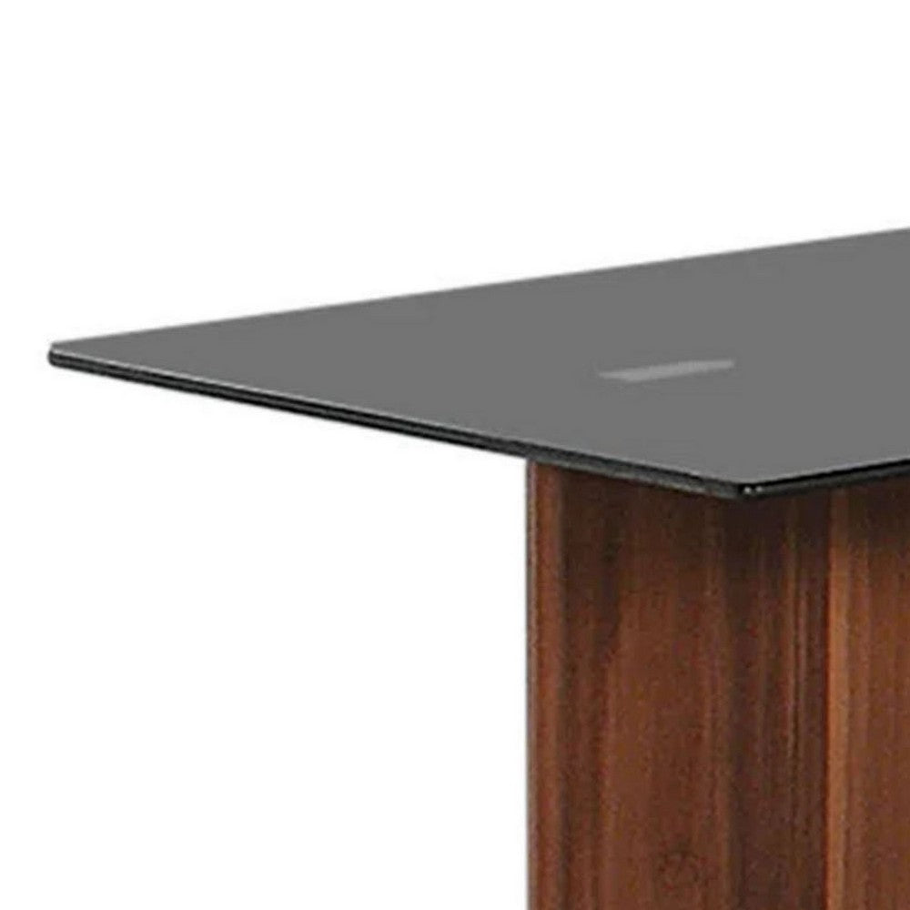 Liam 22 Inch Square Side End Table, Brown Wood, Pedestal Base, Glass Top - BM300738