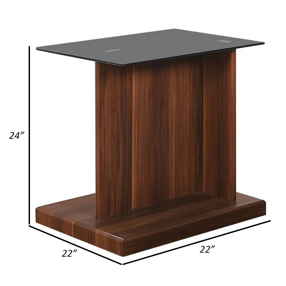 Liam 22 Inch Square Side End Table, Brown Wood, Pedestal Base, Glass Top - BM300738