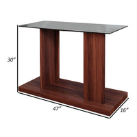Liam 47 Inch Sofa Console Table, Brown Wood, Pedestal Base, Black Glass Top - BM300739