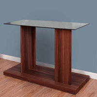 Liam 47 Inch Sofa Console Table, Brown Wood, Pedestal Base, Black Glass Top - BM300739