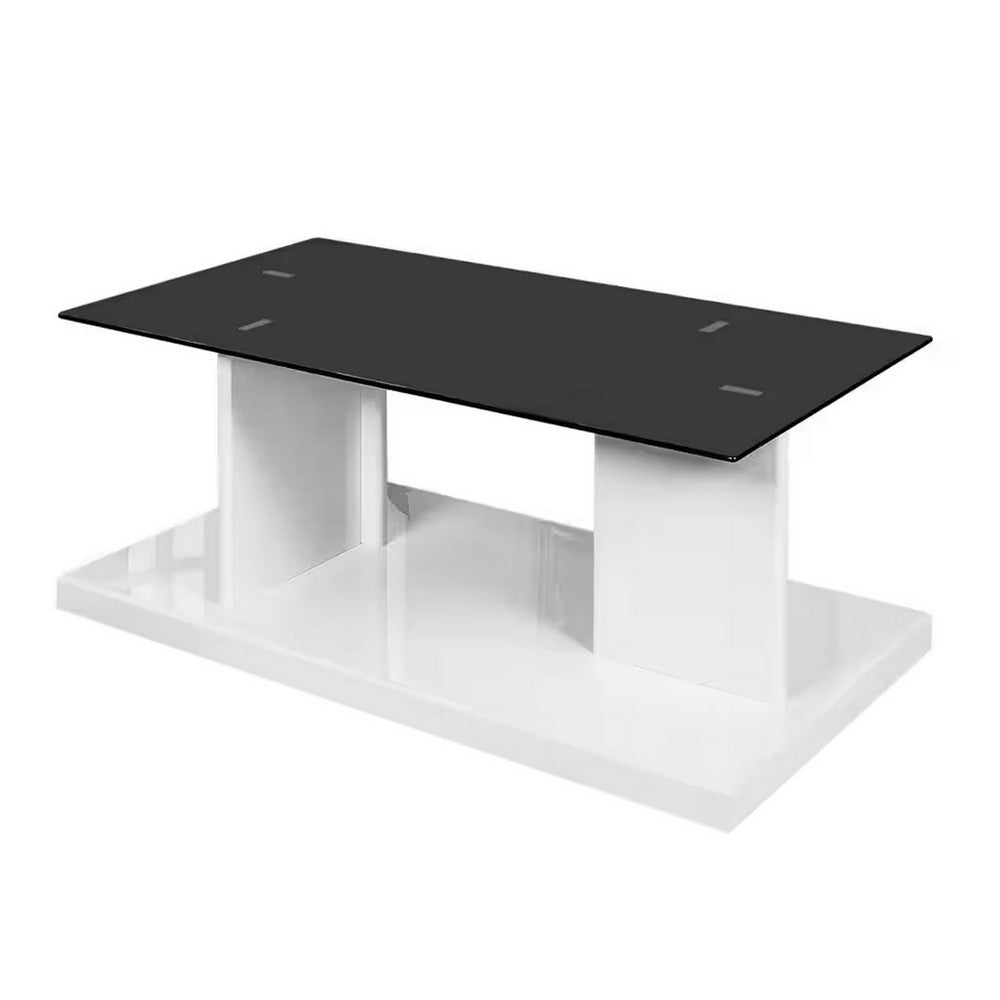 Liam 47 Inch Rectangular Coffee Table, White Wood, Pedestal Base, Glass Top - BM300740