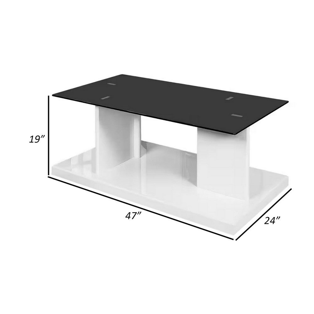 Liam 47 Inch Rectangular Coffee Table, White Wood, Pedestal Base, Glass Top - BM300740