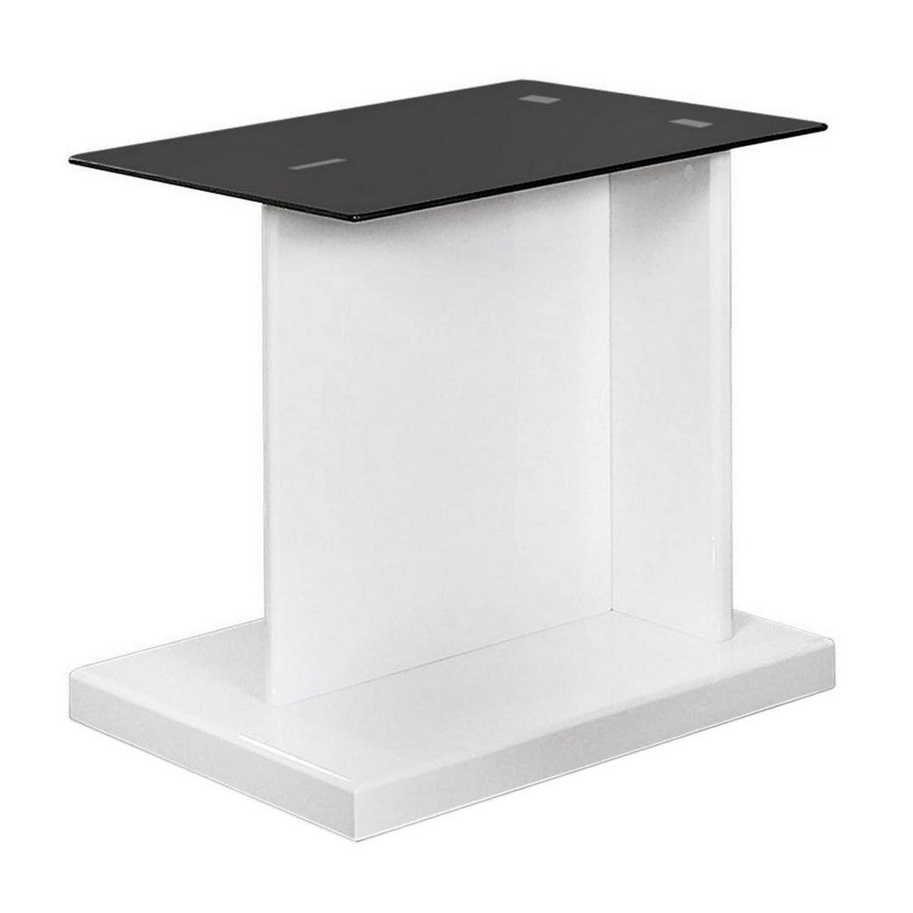 Liam 22 Inch Square Side End Table, White Wood, Pedestal Base, Glass Top - BM300741