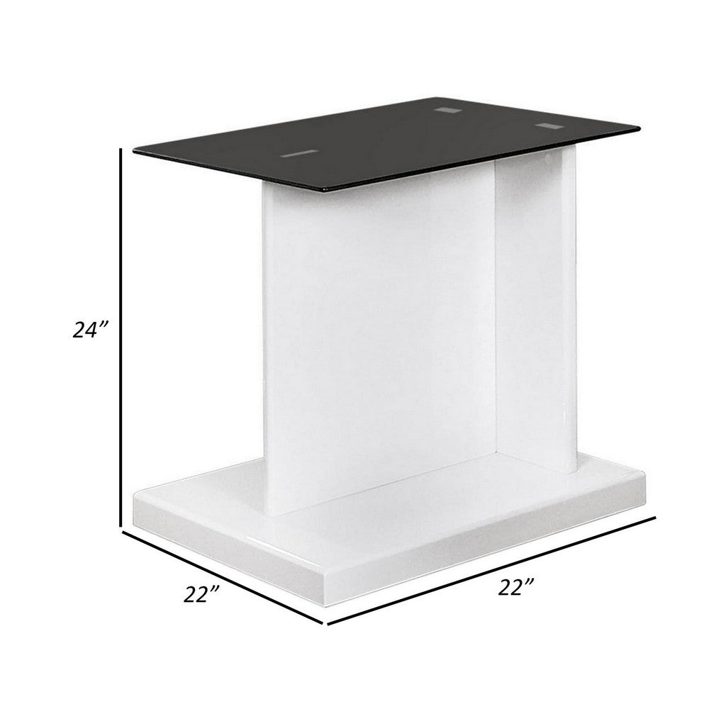 Liam 22 Inch Square Side End Table, White Wood, Pedestal Base, Glass Top - BM300741