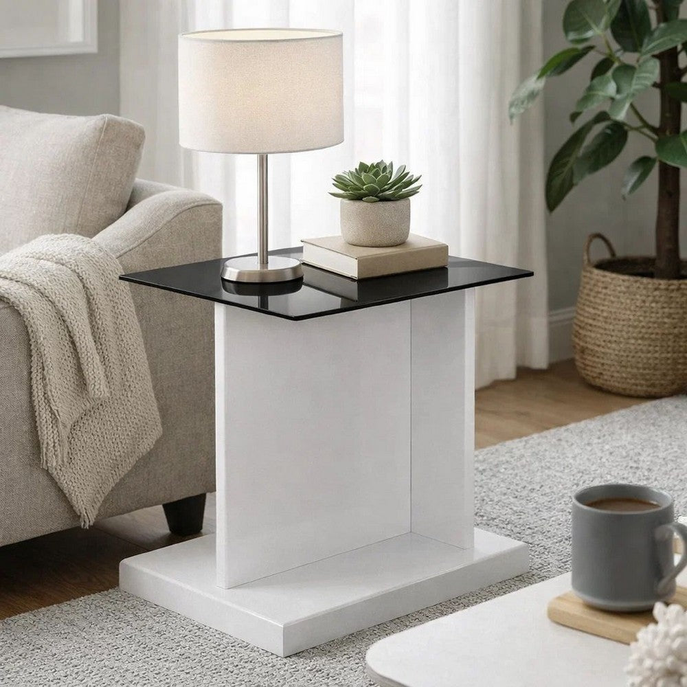 Liam 22 Inch Square Side End Table, White Wood, Pedestal Base, Glass Top - BM300741