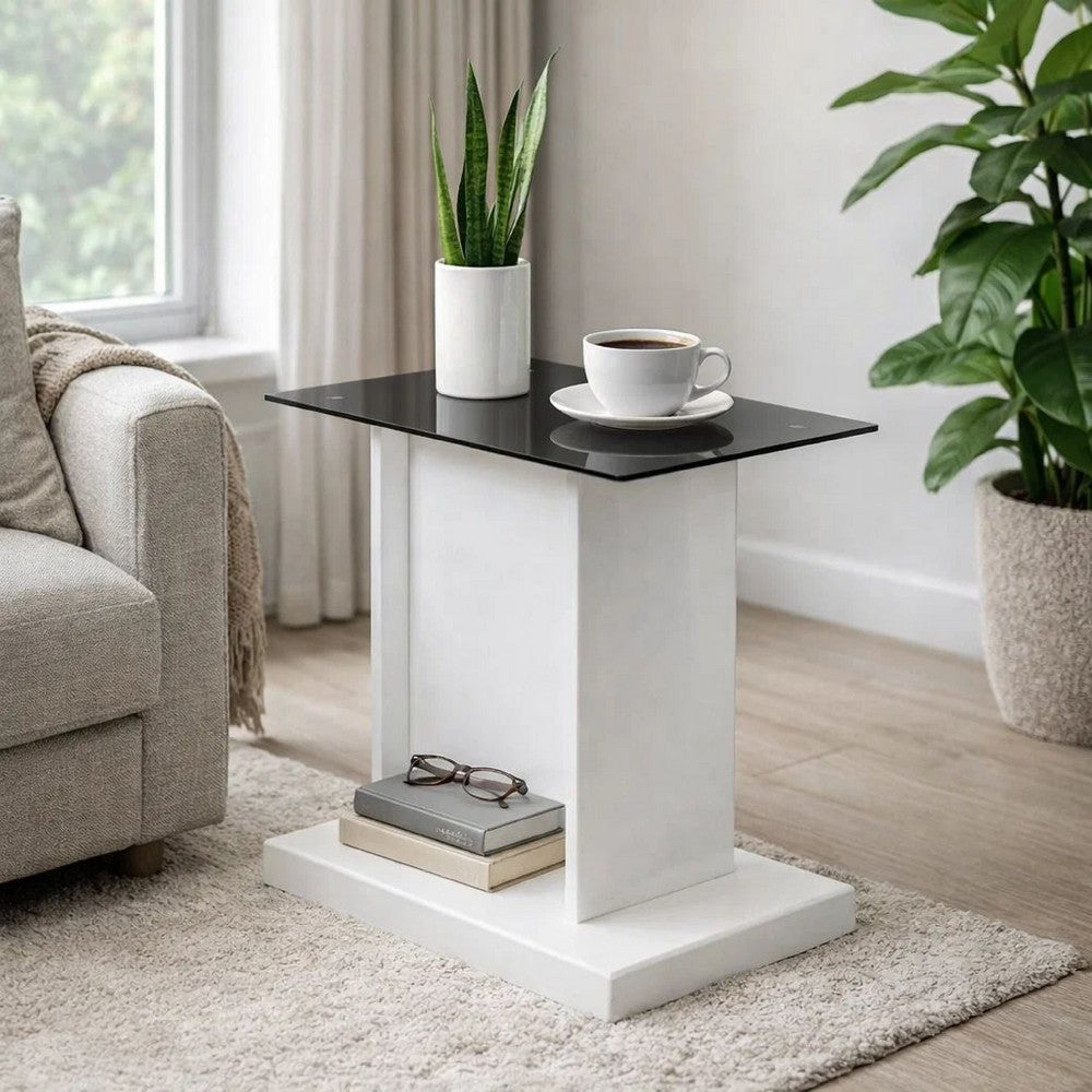 Liam 22 Inch Square Side End Table, White Wood, Pedestal Base, Glass Top - BM300741