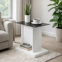 Liam 22 Inch Square Side End Table, White Wood, Pedestal Base, Glass Top - BM300741