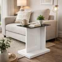 Liam 22 Inch Square Side End Table, White Wood, Pedestal Base, Glass Top - BM300741