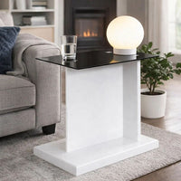 Liam 22 Inch Square Side End Table, White Wood, Pedestal Base, Glass Top - BM300741