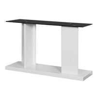 Liam 47 Inch Sofa Console Table, White Wood, Pedestal Base, Black Glass Top - BM300742