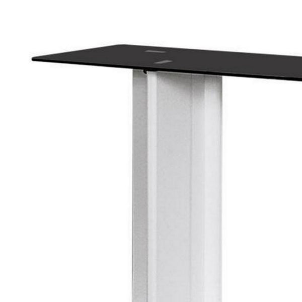Liam 47 Inch Sofa Console Table, White Wood, Pedestal Base, Black Glass Top - BM300742