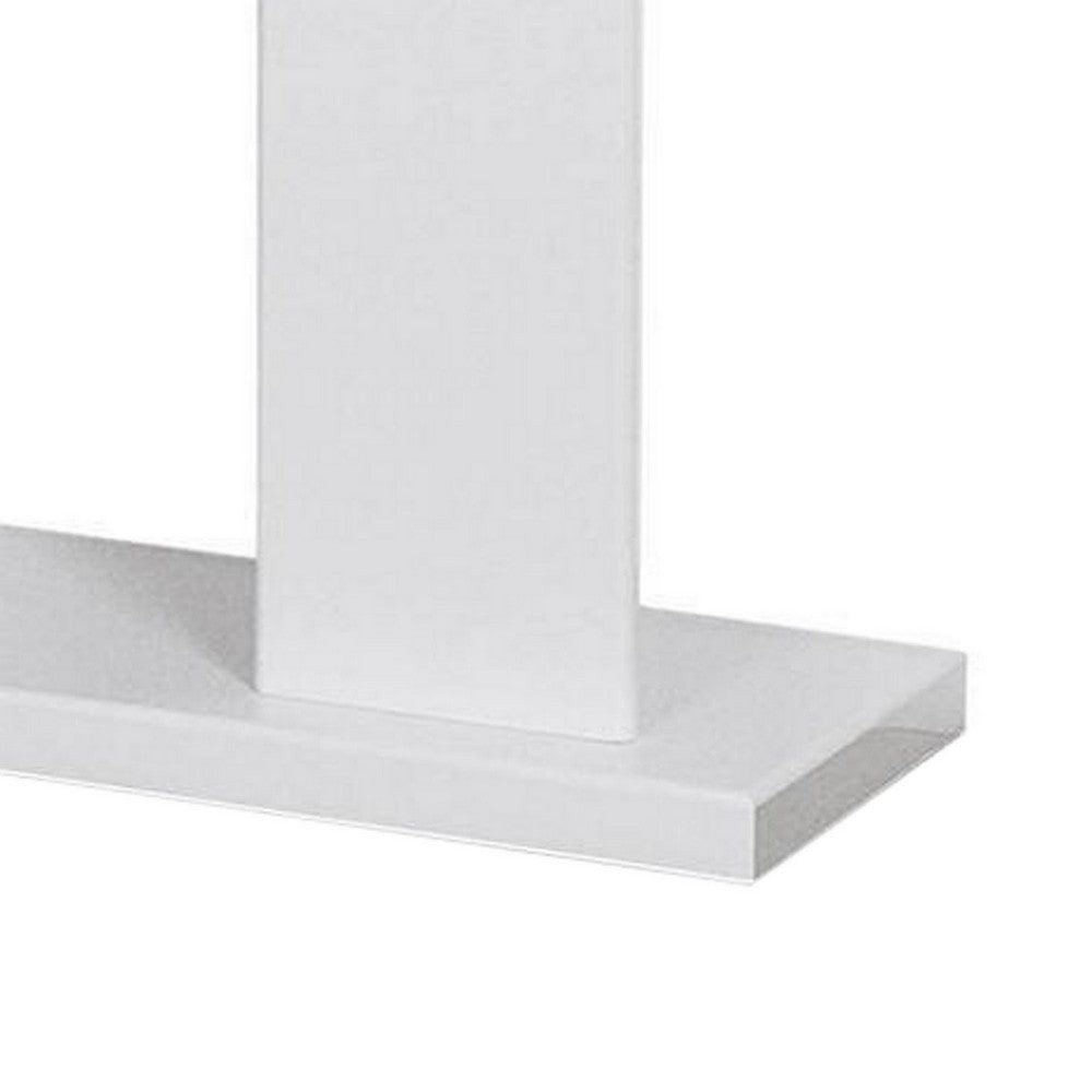 Liam 47 Inch Sofa Console Table, White Wood, Pedestal Base, Black Glass Top - BM300742