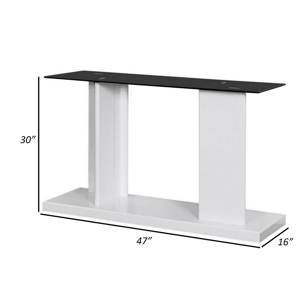 Liam 47 Inch Sofa Console Table, White Wood, Pedestal Base, Black Glass Top - BM300742