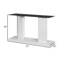 Liam 47 Inch Sofa Console Table, White Wood, Pedestal Base, Black Glass Top - BM300742