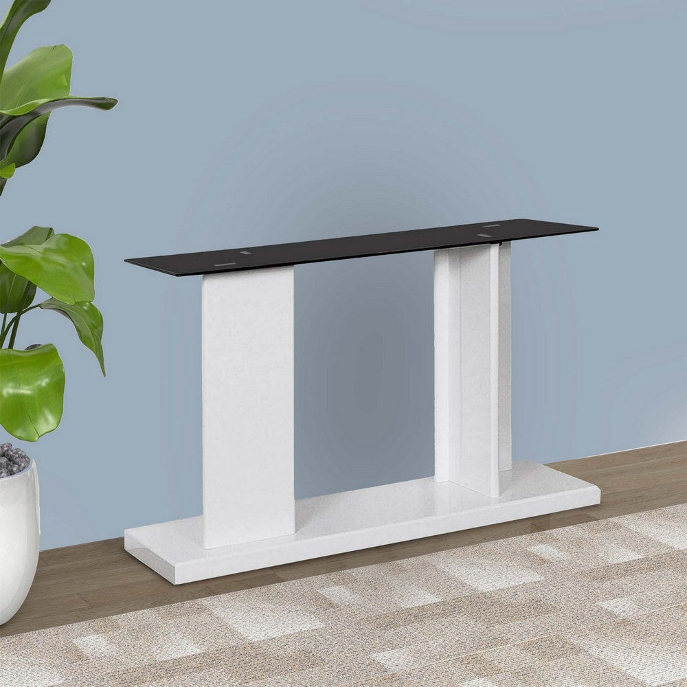 Liam 47 Inch Sofa Console Table, White Wood, Pedestal Base, Black Glass Top - BM300742