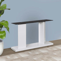 Liam 47 Inch Sofa Console Table, White Wood, Pedestal Base, Black Glass Top - BM300742