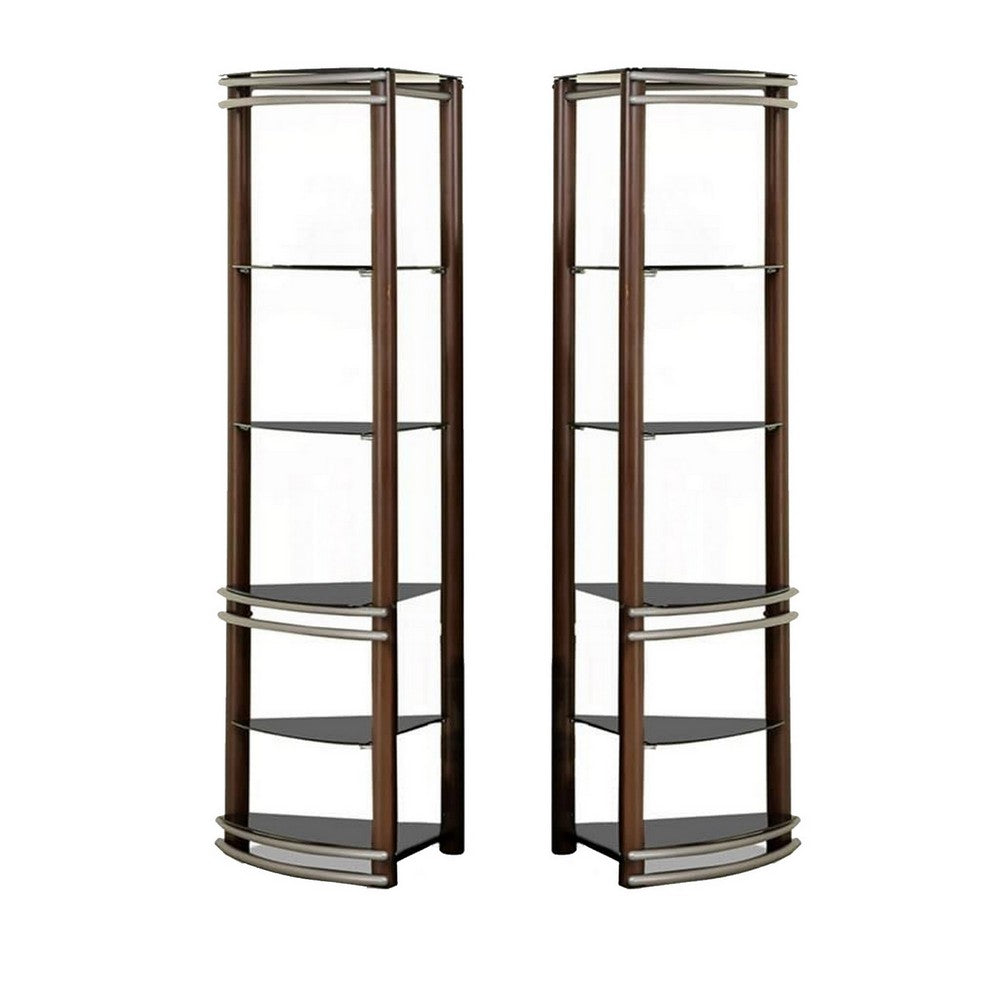 Lein 65 Inch Pier Shelf, Brown, Silver Metal Frame, Glass Shelves, Set of 2 - BM300744