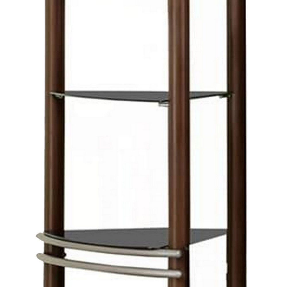 Lein 65 Inch Pier Shelf, Brown, Silver Metal Frame, Glass Shelves, Set of 2 - BM300744