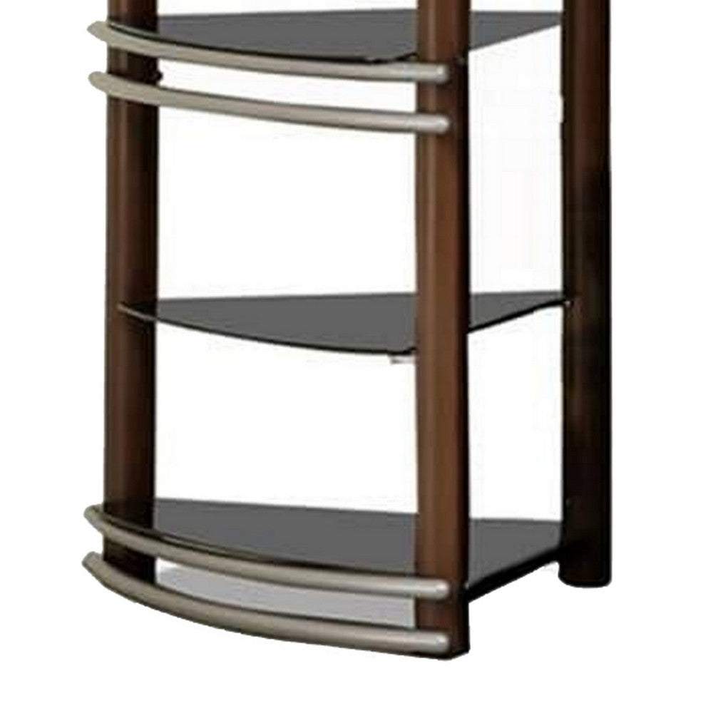 Lein 65 Inch Pier Shelf, Brown, Silver Metal Frame, Glass Shelves, Set of 2 - BM300744