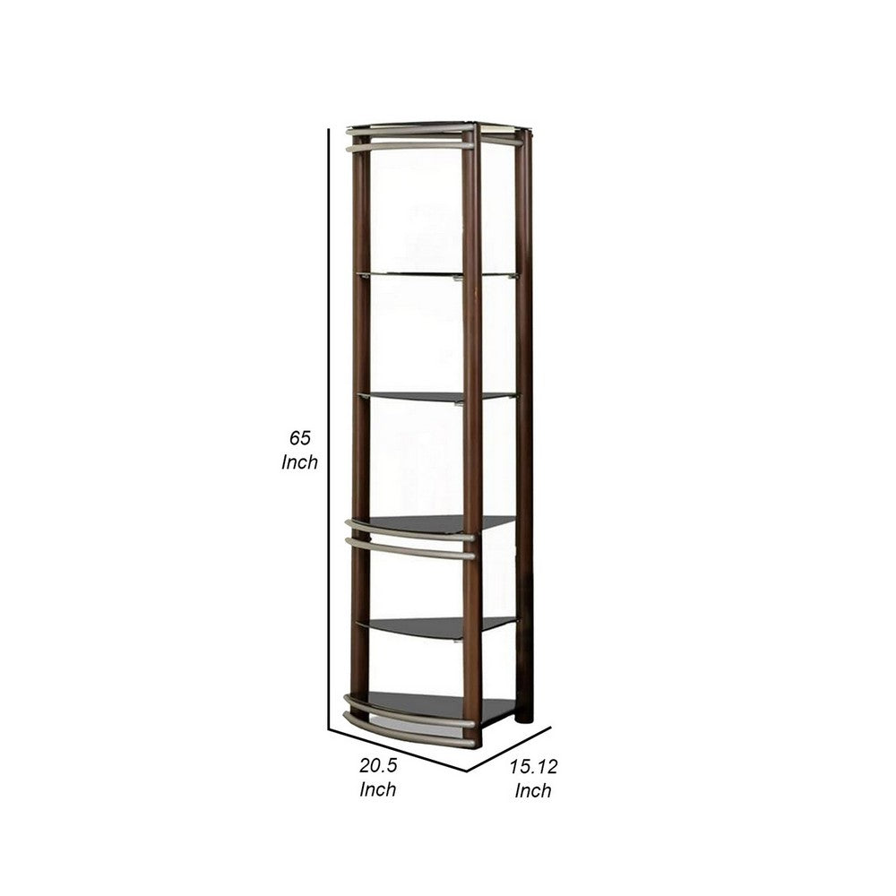 Lein 65 Inch Pier Shelf, Brown, Silver Metal Frame, Glass Shelves, Set of 2 - BM300744